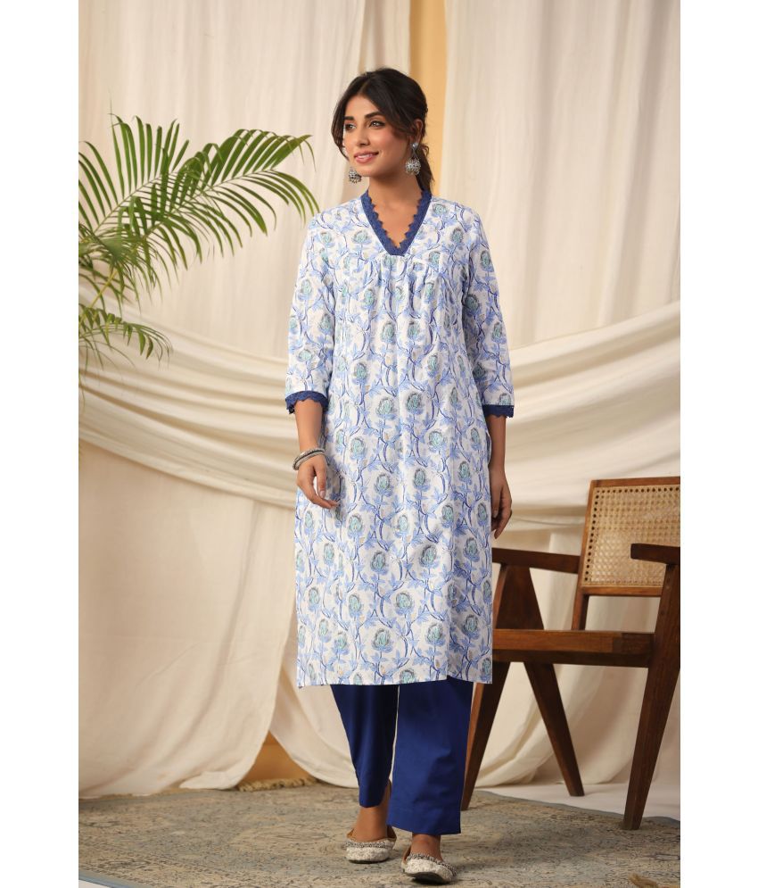     			Vyom Tara Cotton Printed Kurti With Pants Women's Stitched Salwar Suit - Blue ( Pack of 1 )