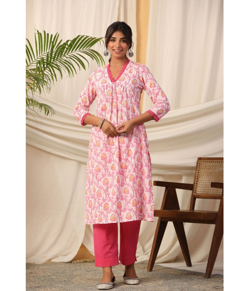    			Vyom Tara Cotton Printed Kurti With Pants Women's Stitched Salwar Suit - Pink ( Pack of 1 )