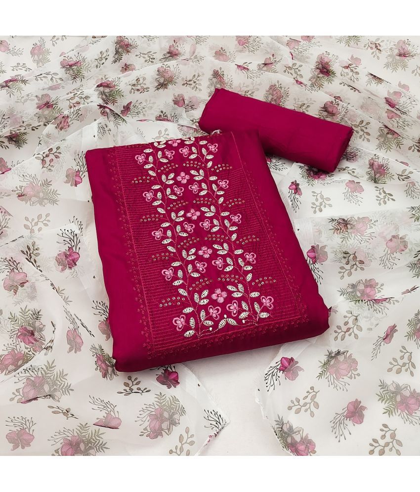     			A TO Z CART Unstitched Silk Embroidered Dress Material - Magenta ( Pack of 1 )