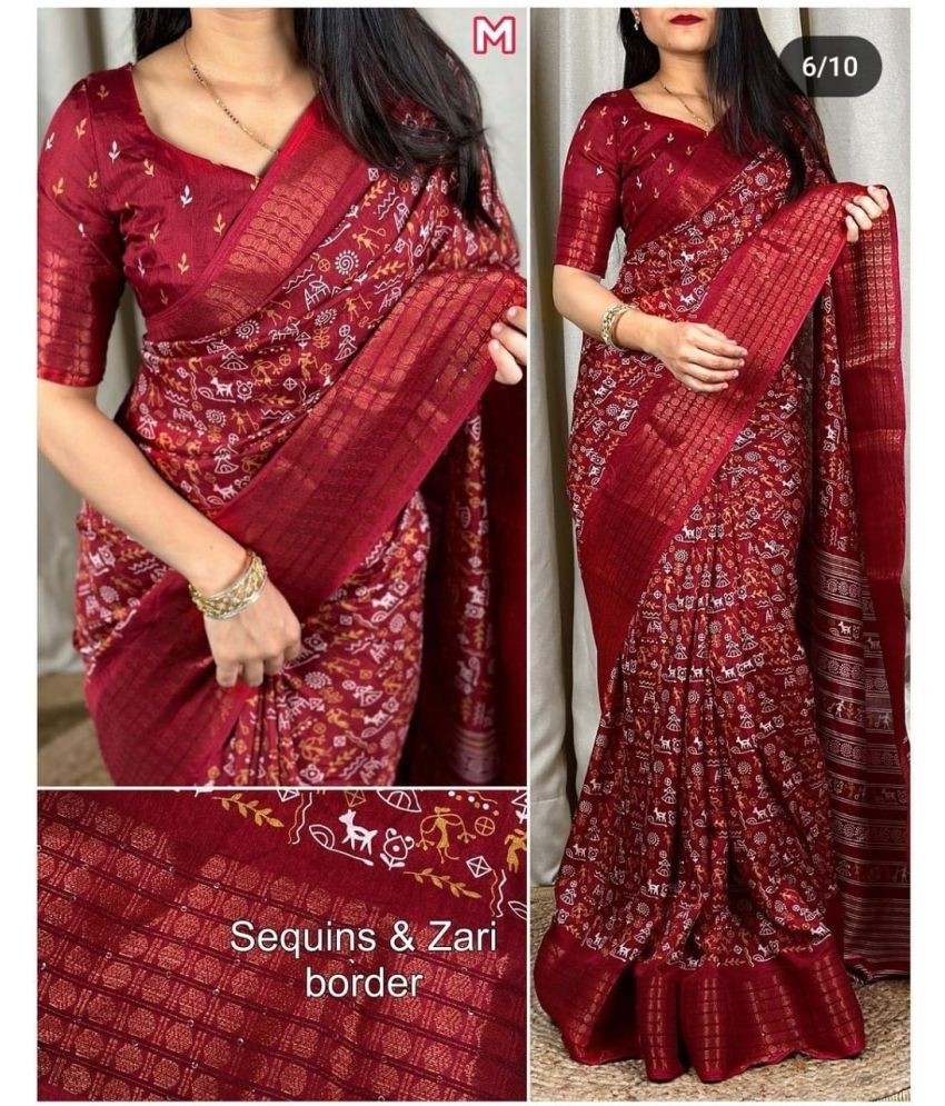     			Bhuwal Fashion Art Silk Printed Saree With Blouse Piece - Maroon ( Pack of 1 )