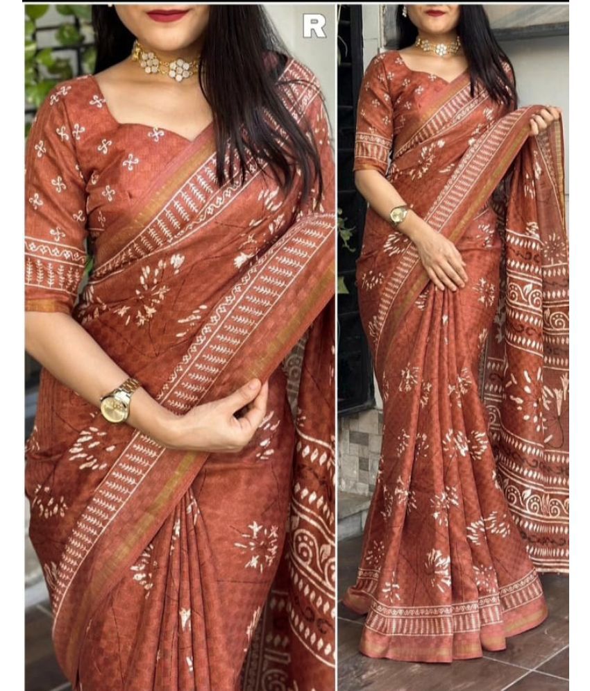     			Bhuwal Fashion Jute Printed Saree With Blouse Piece - Brown ( Pack of 1 )