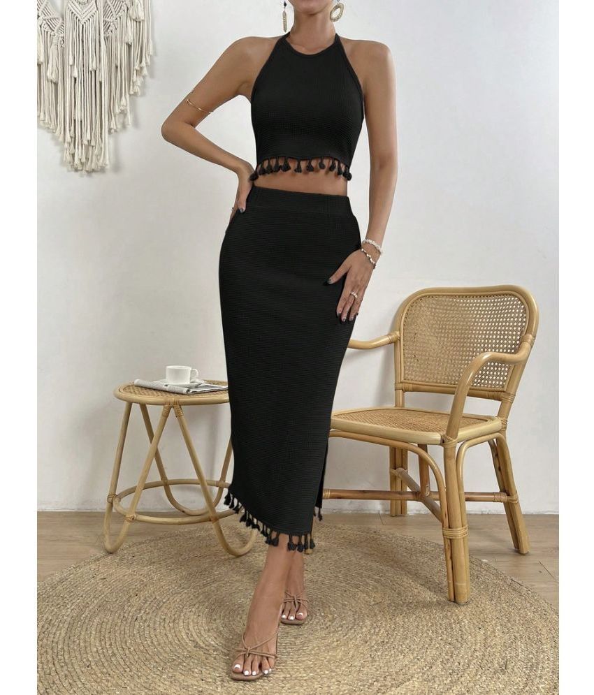     			COOL AND CASUAL Black Self Design Skirt Top Set