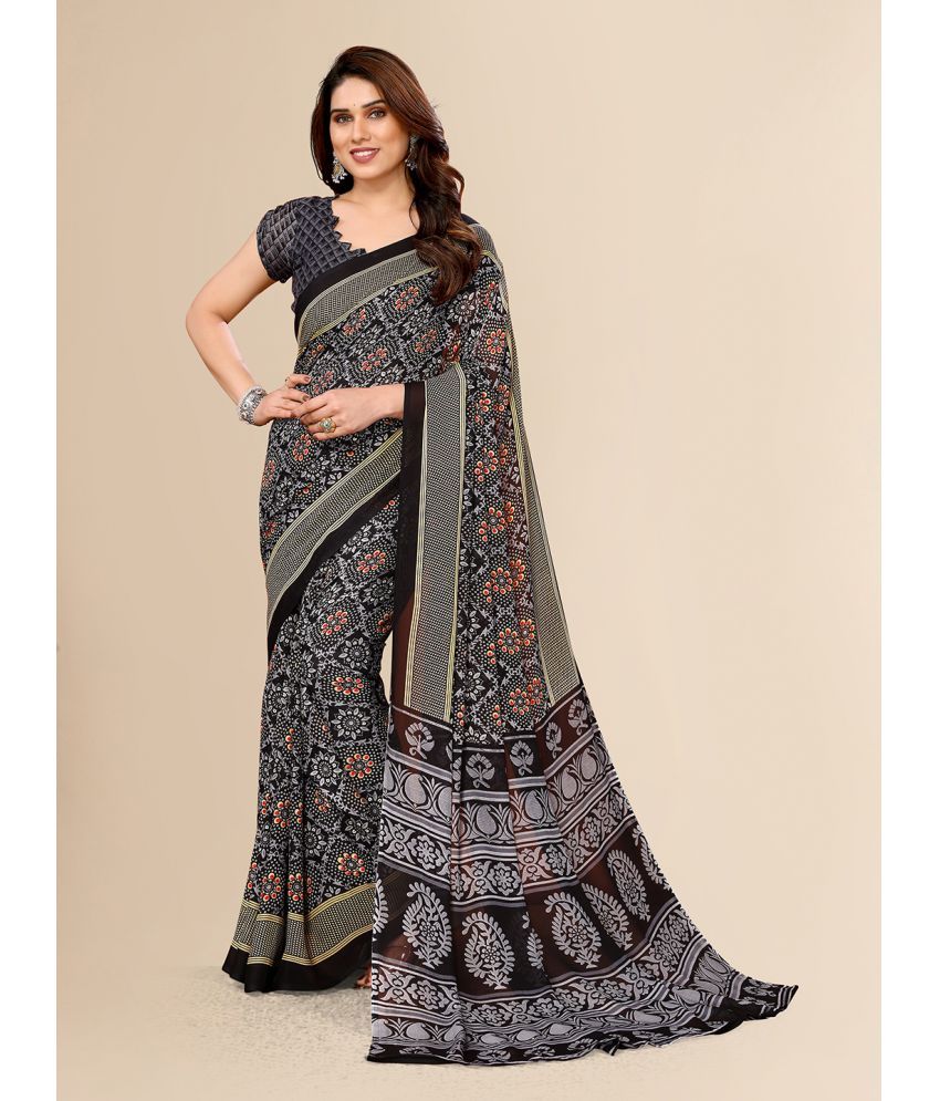     			Kashvi Sarees Georgette Printed Saree With Blouse Piece - Black ( Pack of 1 )