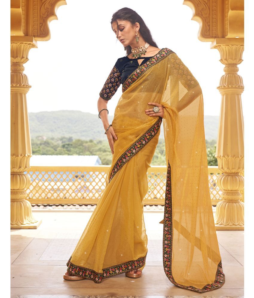     			Samah Chiffon Embellished Saree With Blouse Piece - Yellow ( Pack of 1 )