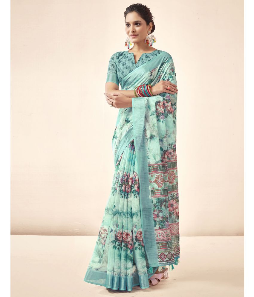     			Samah Linen Printed Saree With Blouse Piece - Turquoise ( Pack of 1 )
