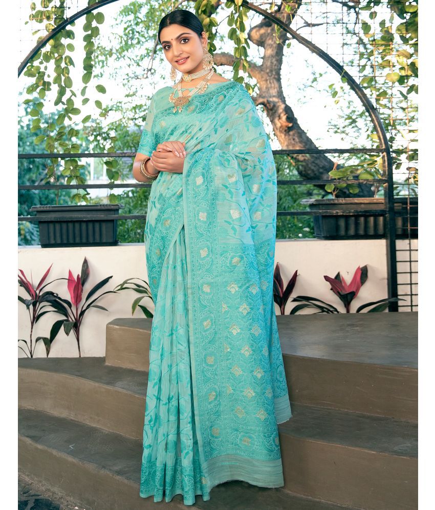     			Samah Linen Woven Saree With Blouse Piece - Turquoise ( Pack of 1 )