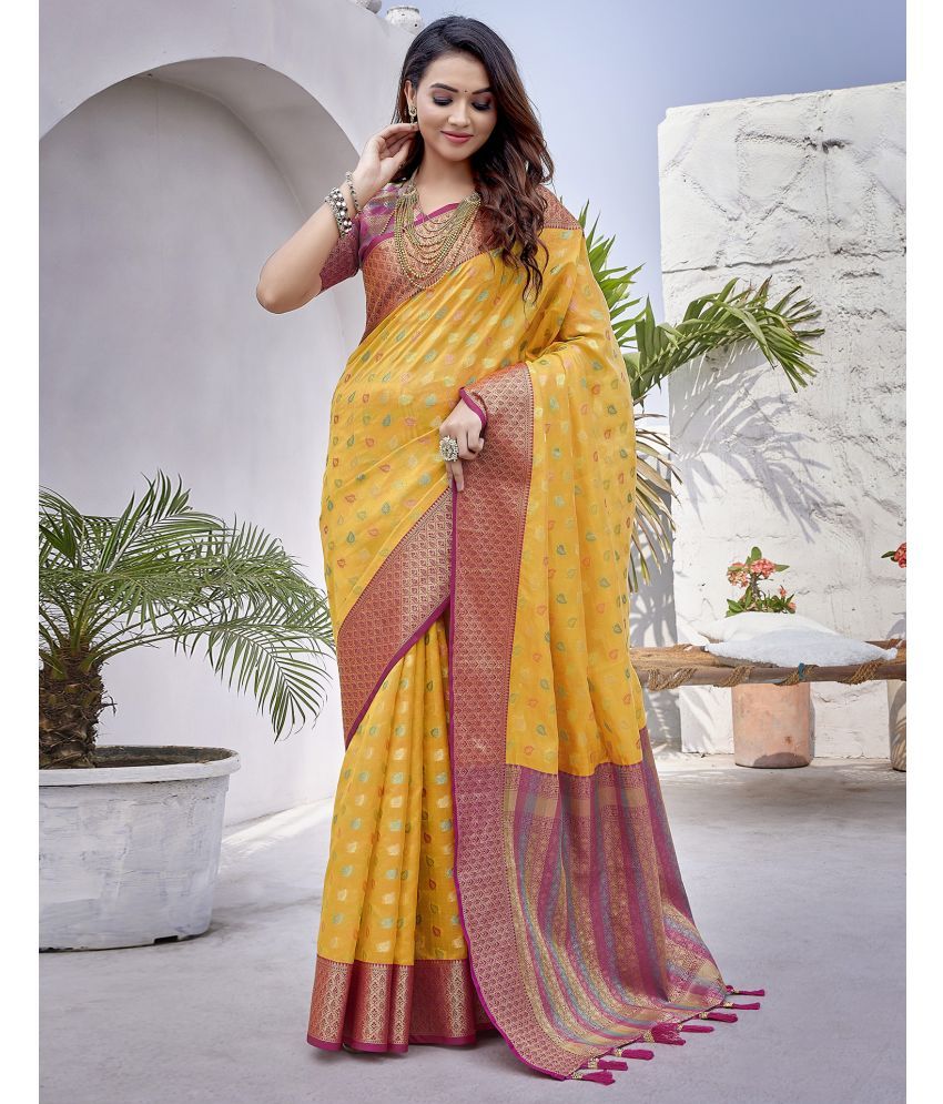     			Samah Organza Woven Saree With Blouse Piece - Yellow ( Pack of 1 )