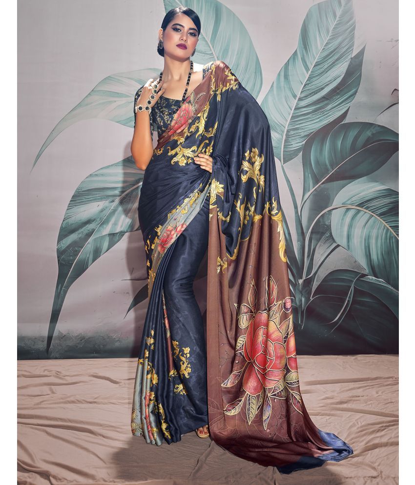     			Samah Silk Blend PRINTED Saree With Blouse Piece - Navy Blue ( Pack of 1 )