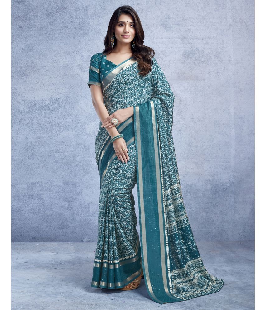     			Samah Silk PRINTED Saree With Blouse Piece - Teal ( Pack of 1 )