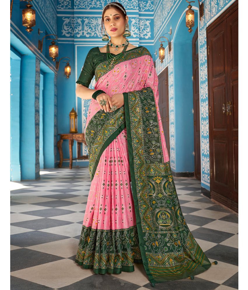     			Samah Silk Printed Saree With Blouse Piece - Pink ( Pack of 1 )