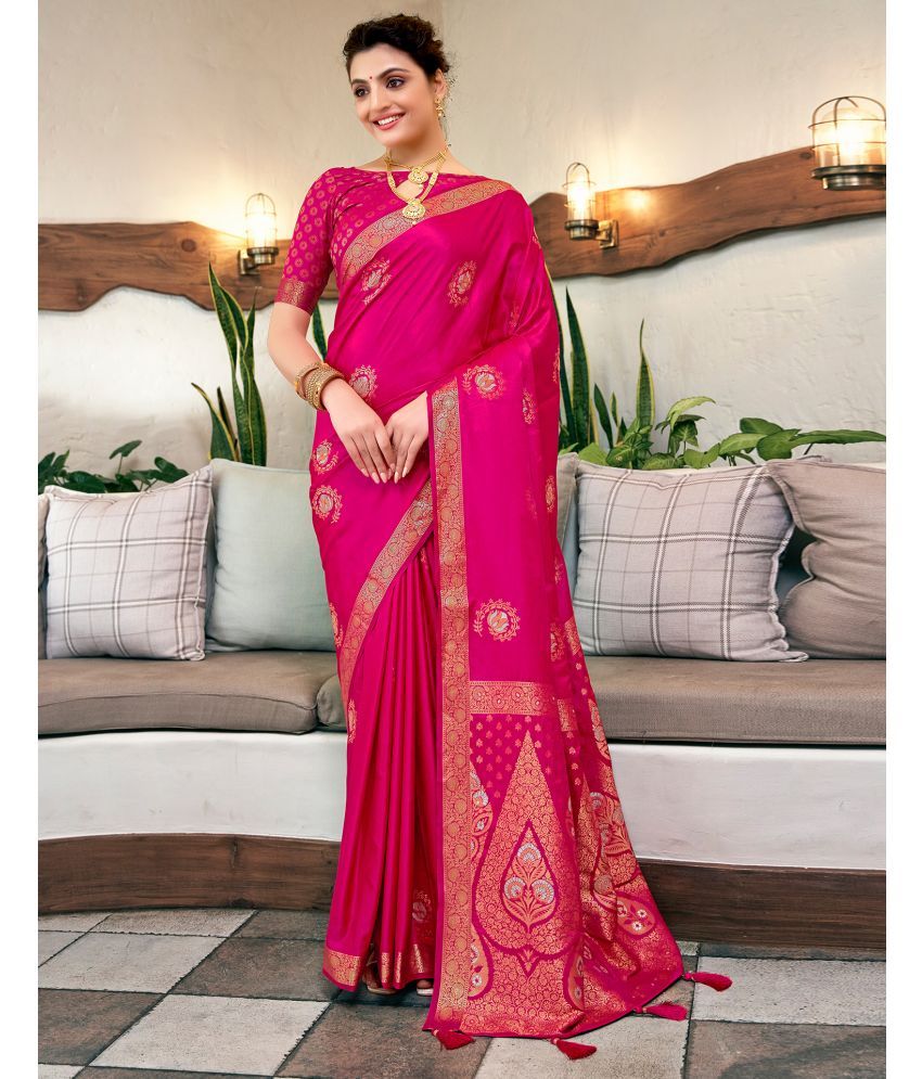     			Samah Silk Woven Saree With Blouse Piece - Pink ( Pack of 1 )