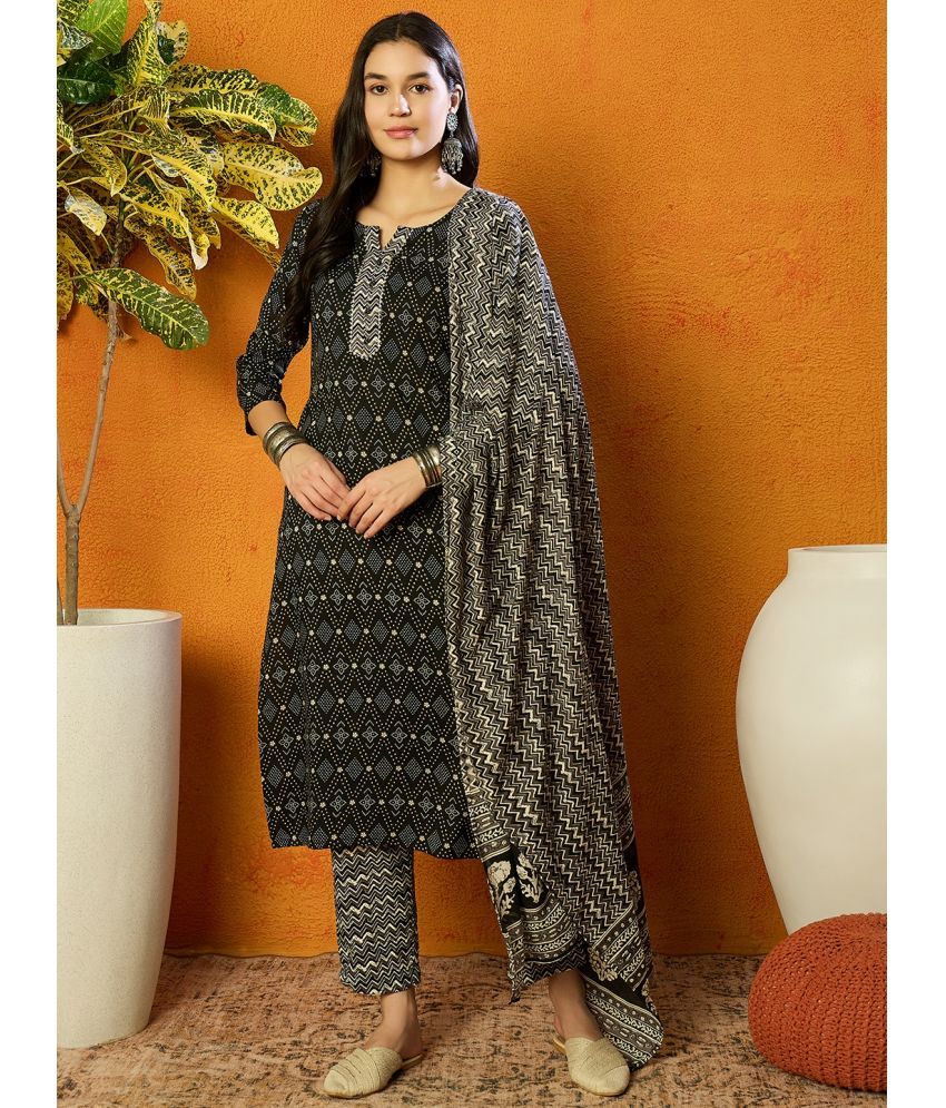     			Vaamsi Cotton Blend Printed Kurti With Pants Women's Stitched Salwar Suit - Black ( Pack of 1 )