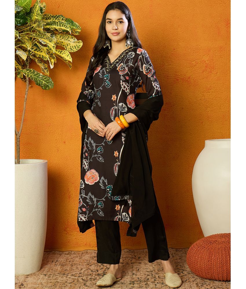     			Vaamsi Rayon Printed Kurti With Pants Women's Stitched Salwar Suit - Black ( Pack of 1 )