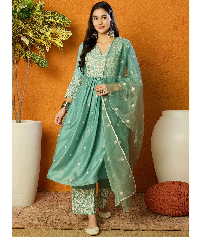     			Vaamsi Silk Blend Embroidered Kurti With Palazzo Women's Stitched Salwar Suit - Sea Green ( Pack of 1 )