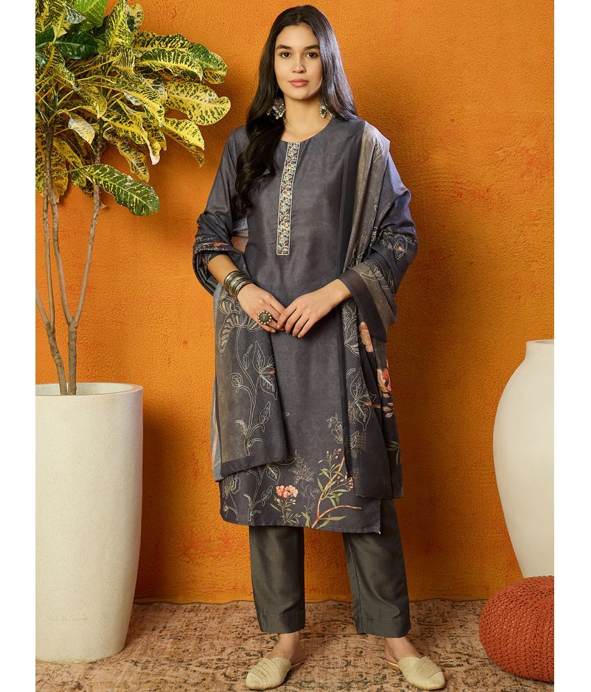     			Vaamsi Silk Blend Printed Kurti With Pants Women's Stitched Salwar Suit - Grey ( Pack of 1 )