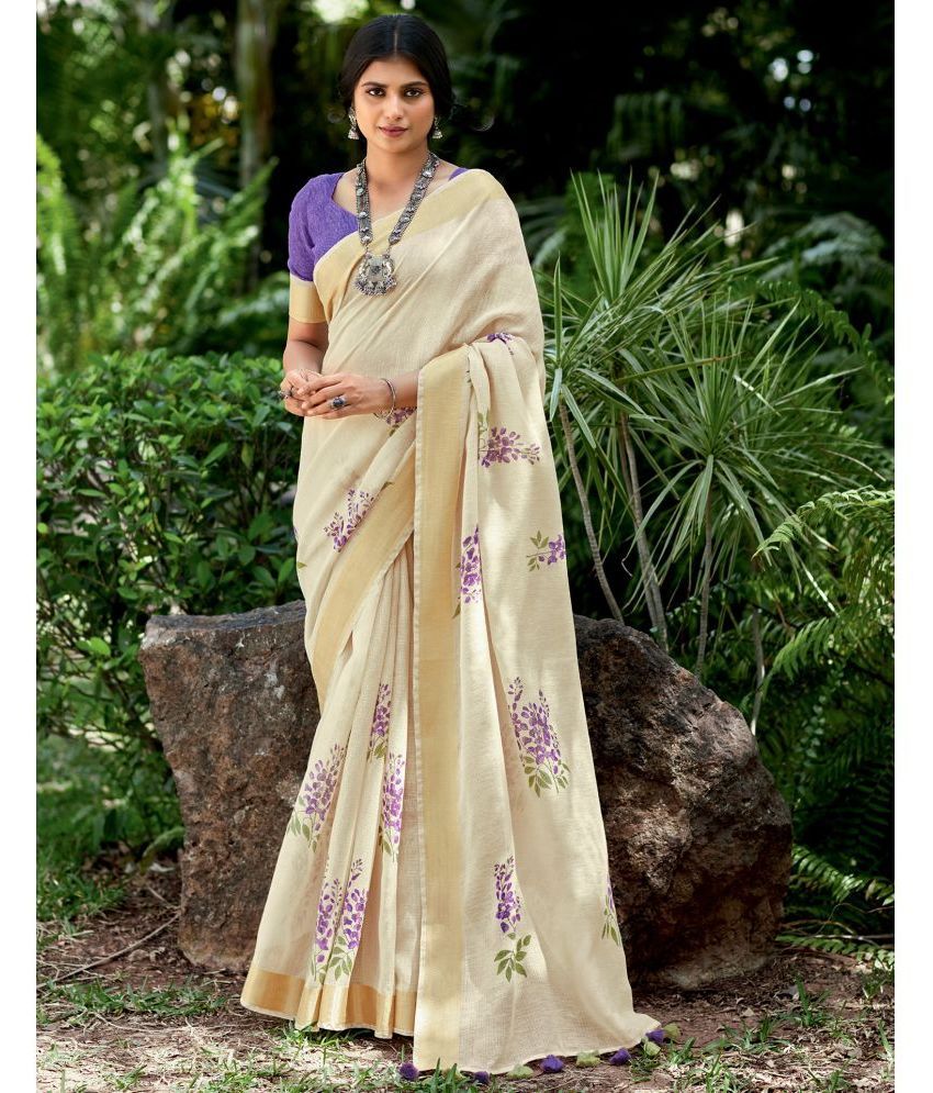     			Samah Cotton Printed Saree With Blouse Piece - Cream ( Pack of 1 )