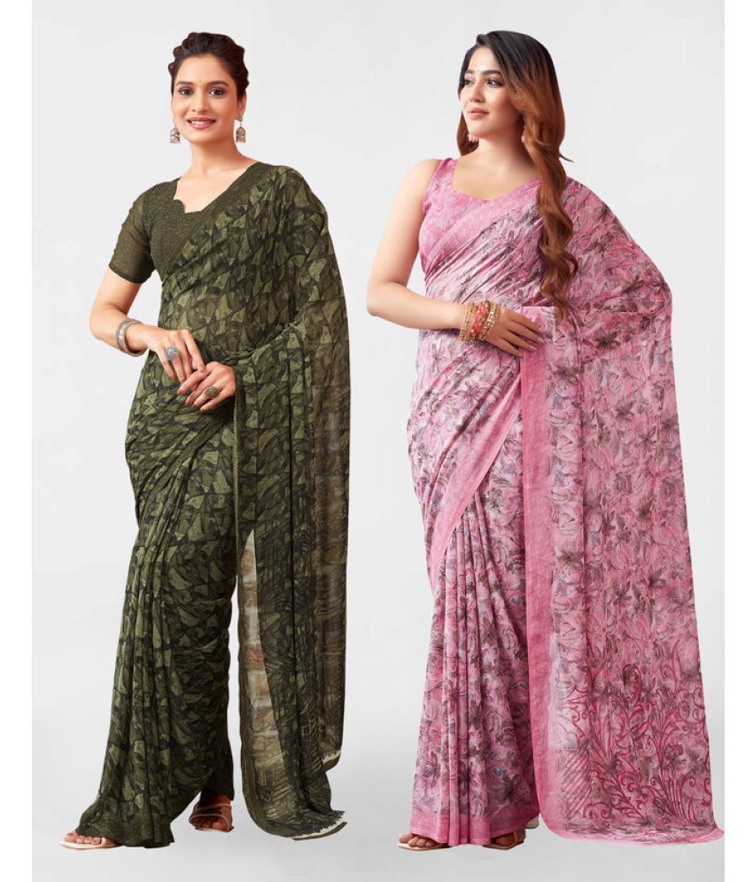     			Samah Georgette Printed Saree With Blouse Piece - Pink ( Pack of 2 )