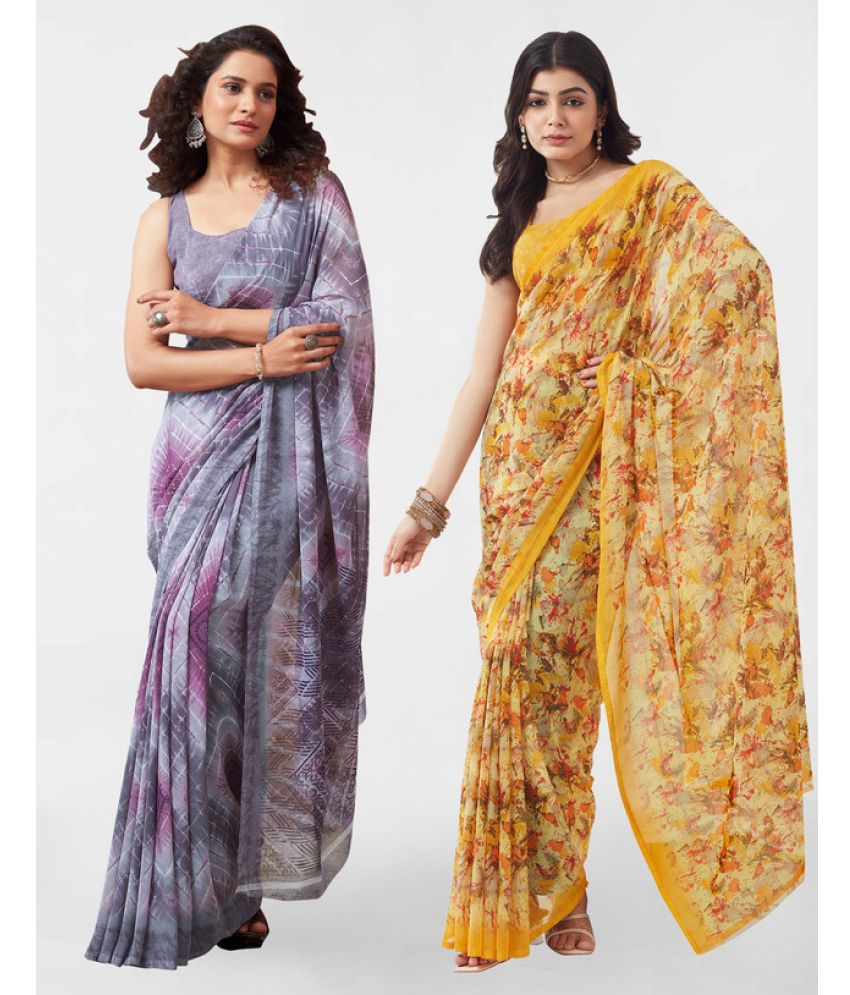     			Samah Georgette Printed Saree With Blouse Piece - Yellow ( Pack of 2 )