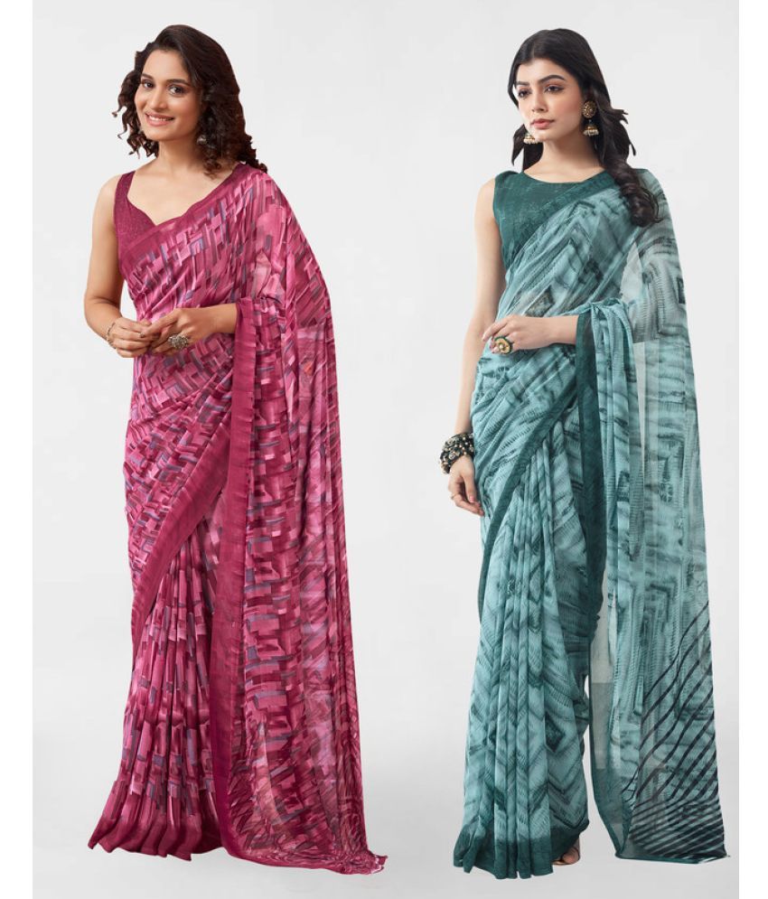     			Samah Georgette Printed Saree With Blouse Piece - Teal ( Pack of 2 )