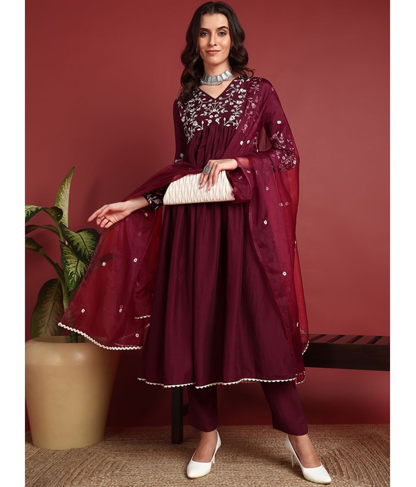     			Vaamsi Cotton Blend Embroidered Kurti With Pants Women's Stitched Salwar Suit - Burgundy ( Pack of 1 )