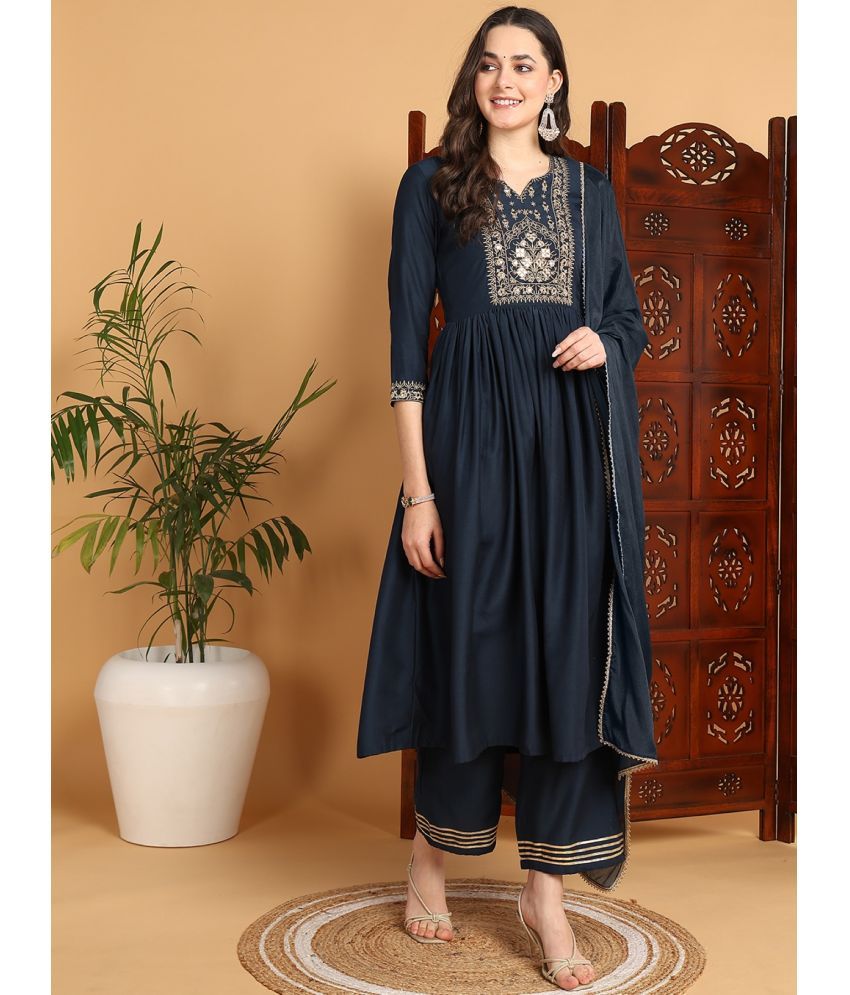     			Vaamsi Cotton Blend Embroidered Kurti With Pants Women's Stitched Salwar Suit - Blue ( Pack of 1 )