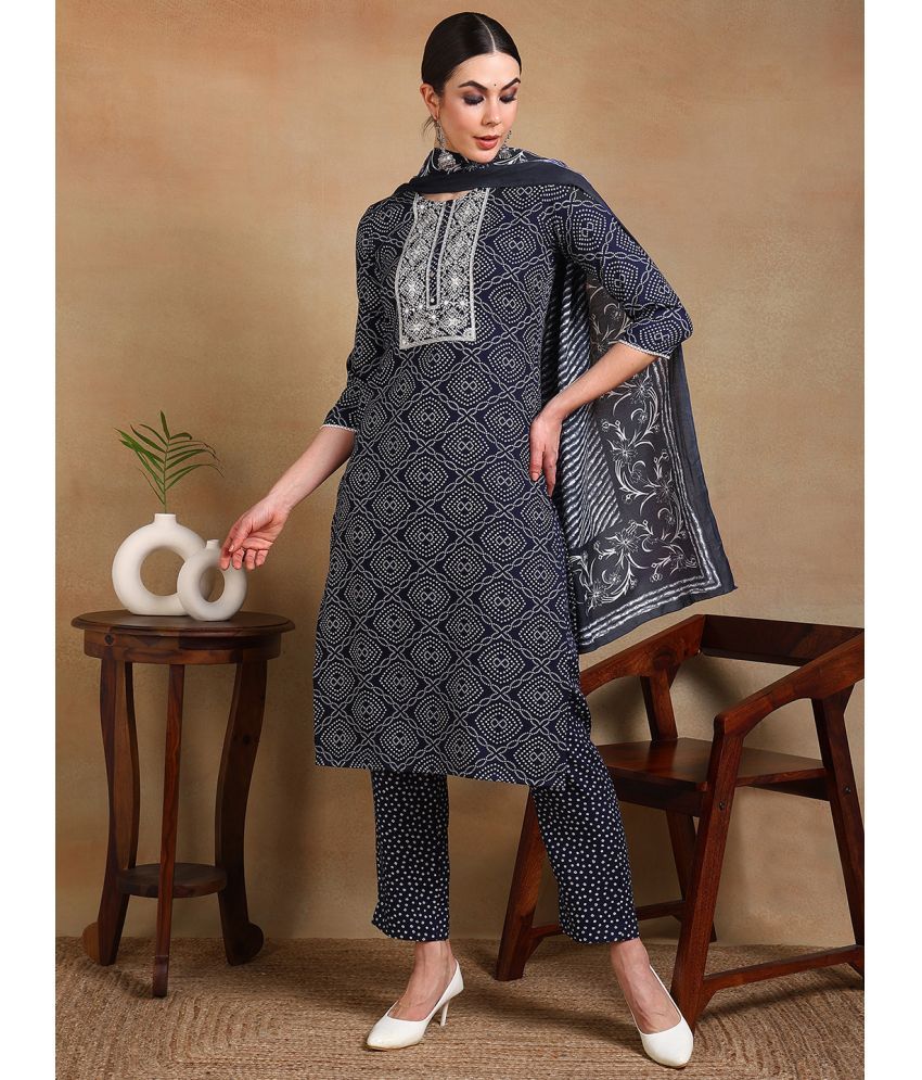     			Vaamsi Rayon Printed Kurti With Pants Women's Stitched Salwar Suit - Navy Blue ( Pack of 1 )