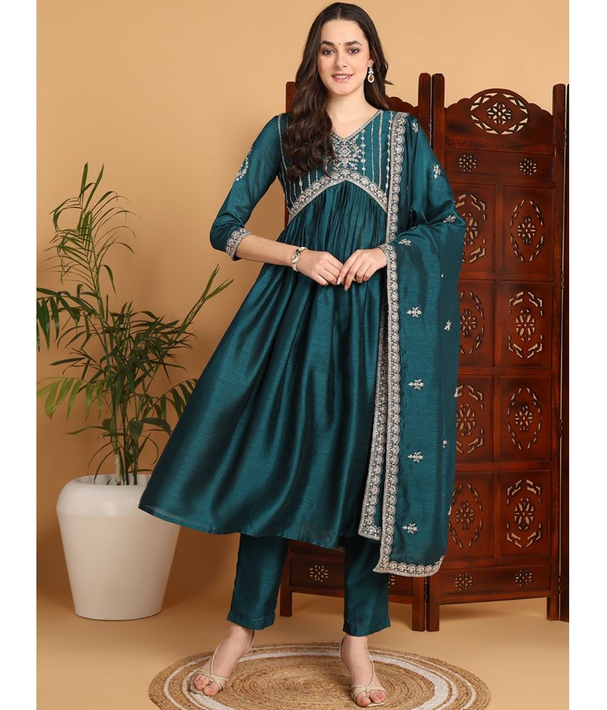     			Vaamsi Silk Blend Embroidered Kurti With Pants Women's Stitched Salwar Suit - Green ( Pack of 1 )