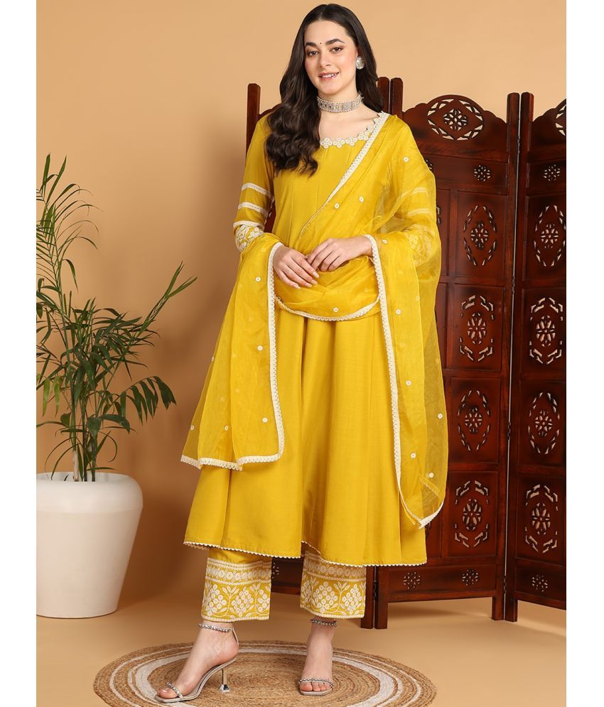     			Vaamsi Silk Blend Embroidered Kurti With Palazzo Women's Stitched Salwar Suit - Yellow ( Pack of 1 )