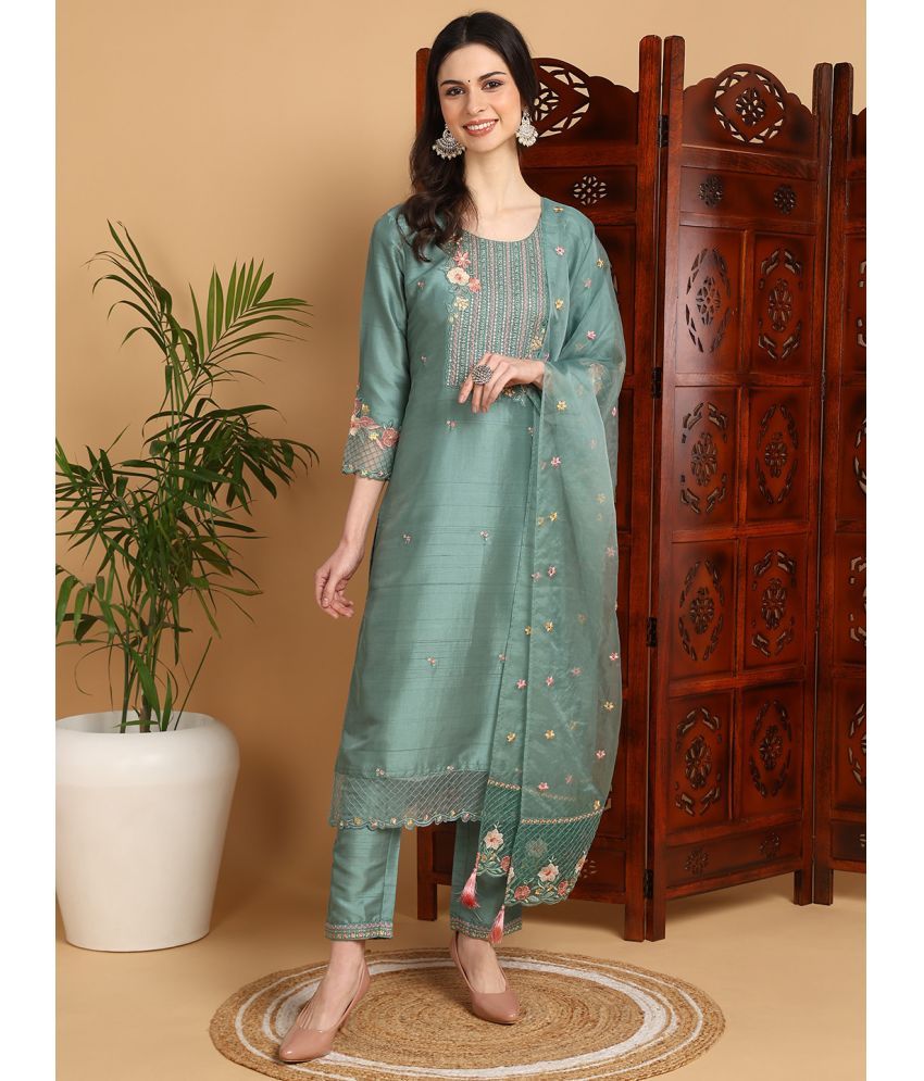     			Vaamsi Silk Blend Embroidered Kurti With Pants Women's Stitched Salwar Suit - Teal ( Pack of 1 )