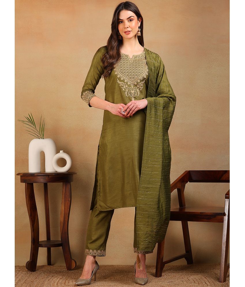     			Vaamsi Silk Blend Embroidered Kurti With Pants Women's Stitched Salwar Suit - Olive ( Pack of 1 )