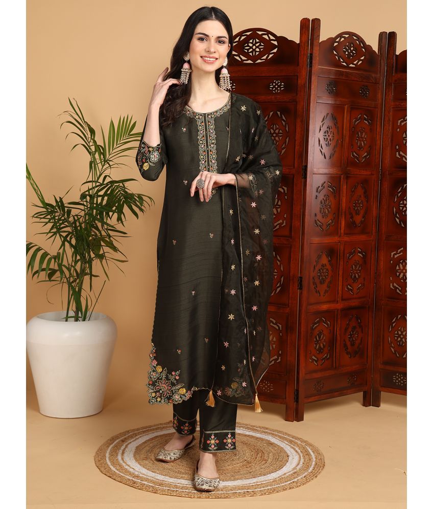     			Vaamsi Silk Blend Embroidered Kurti With Pants Women's Stitched Salwar Suit - Olive ( Pack of 1 )