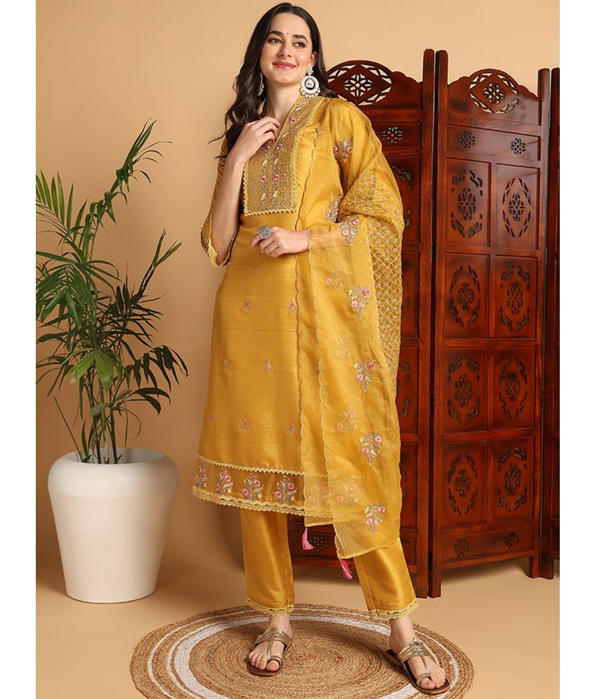     			Vaamsi Silk Blend Embroidered Kurti With Pants Women's Stitched Salwar Suit - Mustard ( Pack of 1 )