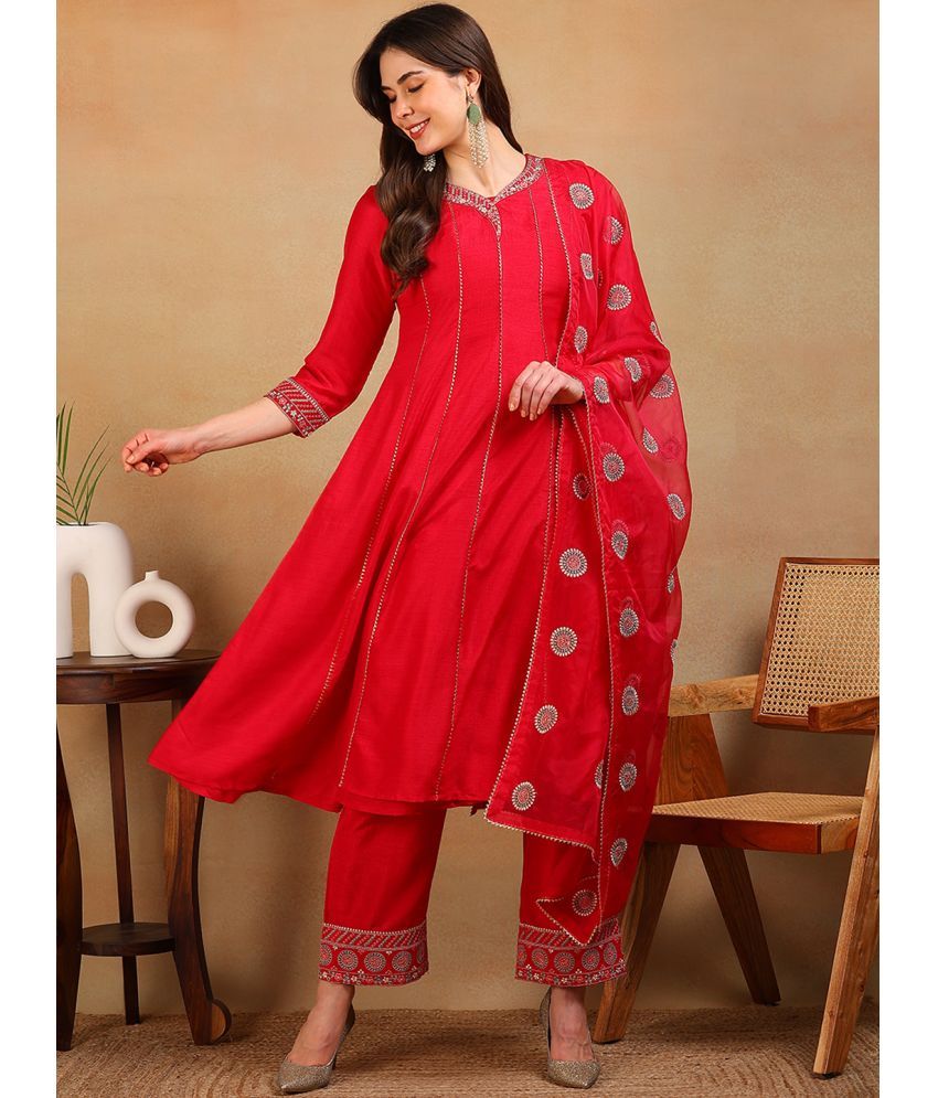     			Vaamsi Silk Blend Embroidered Kurti With Pants Women's Stitched Salwar Suit - Red ( Pack of 1 )