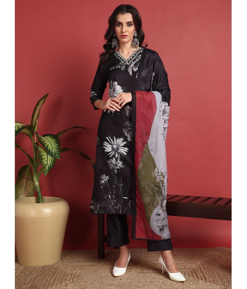     			Vaamsi Silk Blend Printed Kurti With Pants Women's Stitched Salwar Suit - Black ( Pack of 1 )