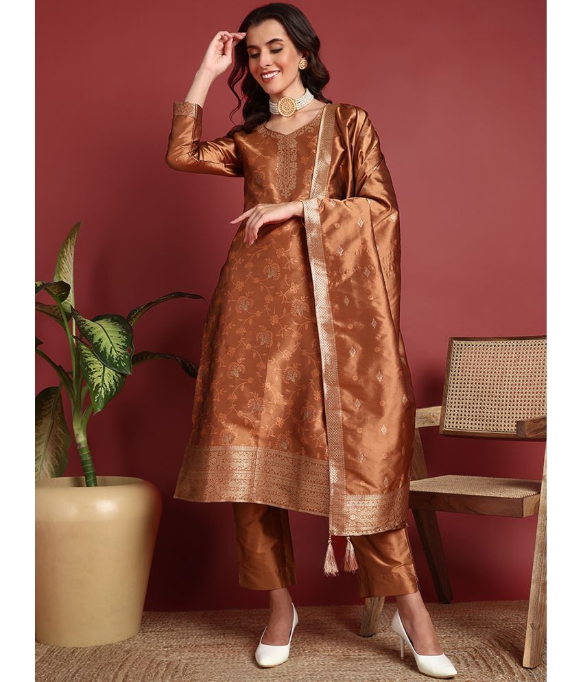     			Vaamsi Silk Blend Self Design Kurti With Pants Women's Stitched Salwar Suit - Brown ( Pack of 1 )