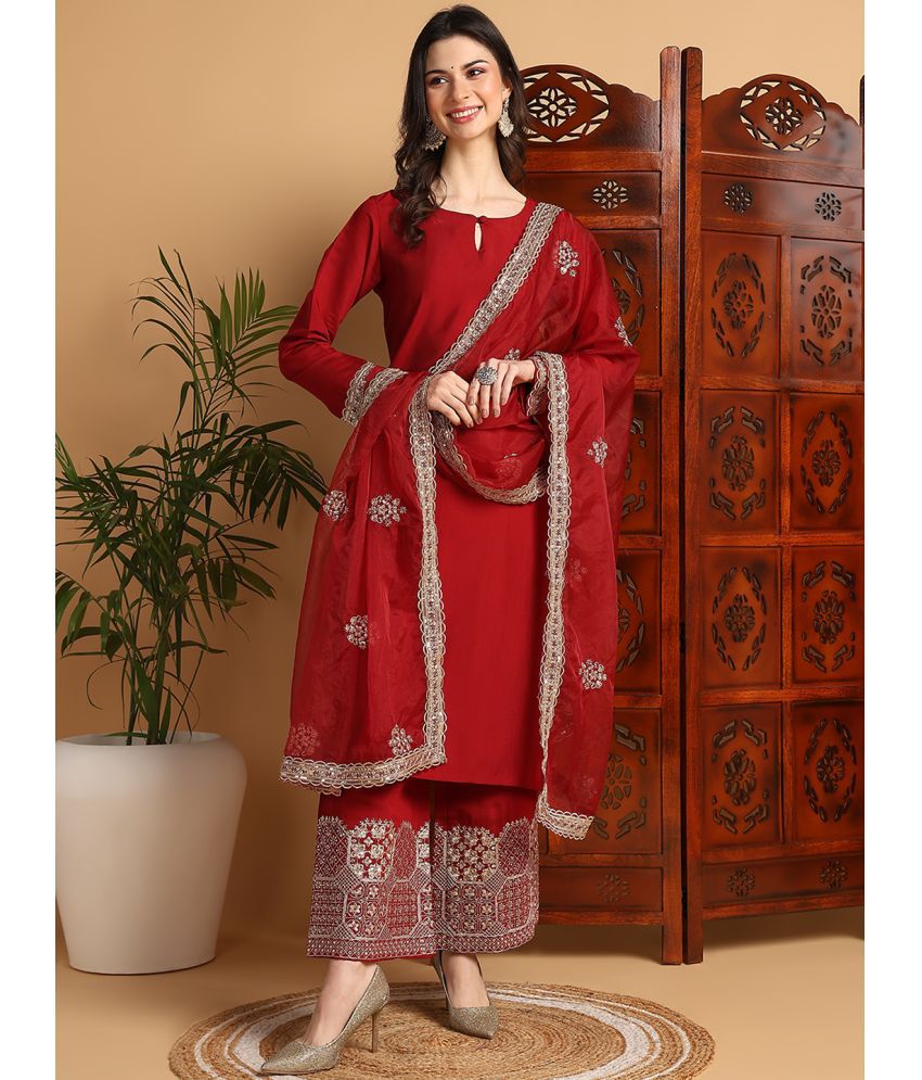     			Vaamsi Silk Blend Solid Kurti With Palazzo Women's Stitched Salwar Suit - Maroon ( Pack of 1 )