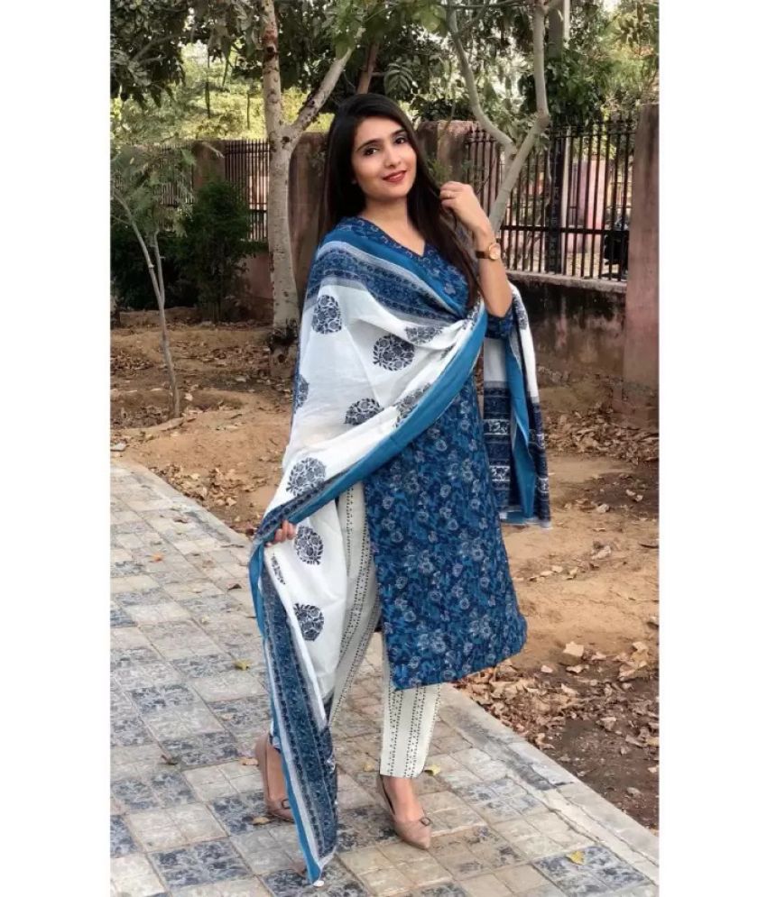    			kedar fab Rayon Printed Kurti With Pants Women's Stitched Salwar Suit - Blue ( Pack of 1 )