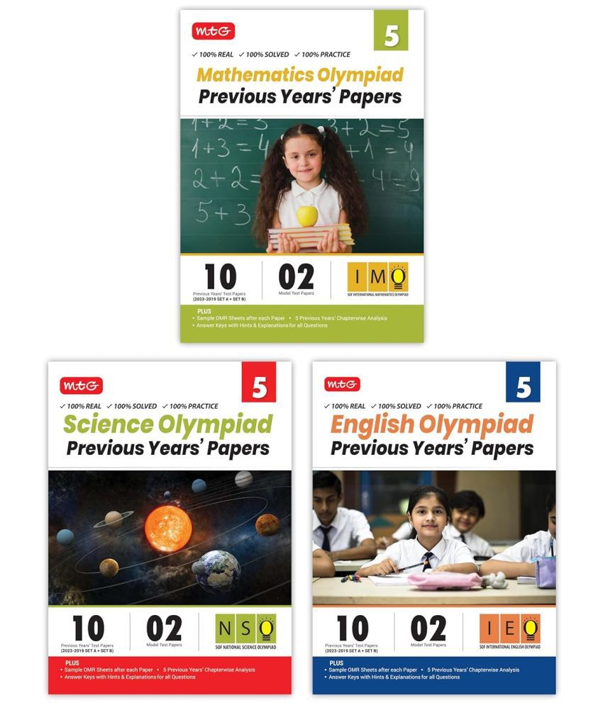     			MTG IMO-NSO-IEO Class-5 Olympiad Previous Years Papers (2023-2019 Set A & B) Mathematics, Science & English (Set of 3 Books) | Mock Test Papers with Sample OMR Sheet For 2024-25 Exam