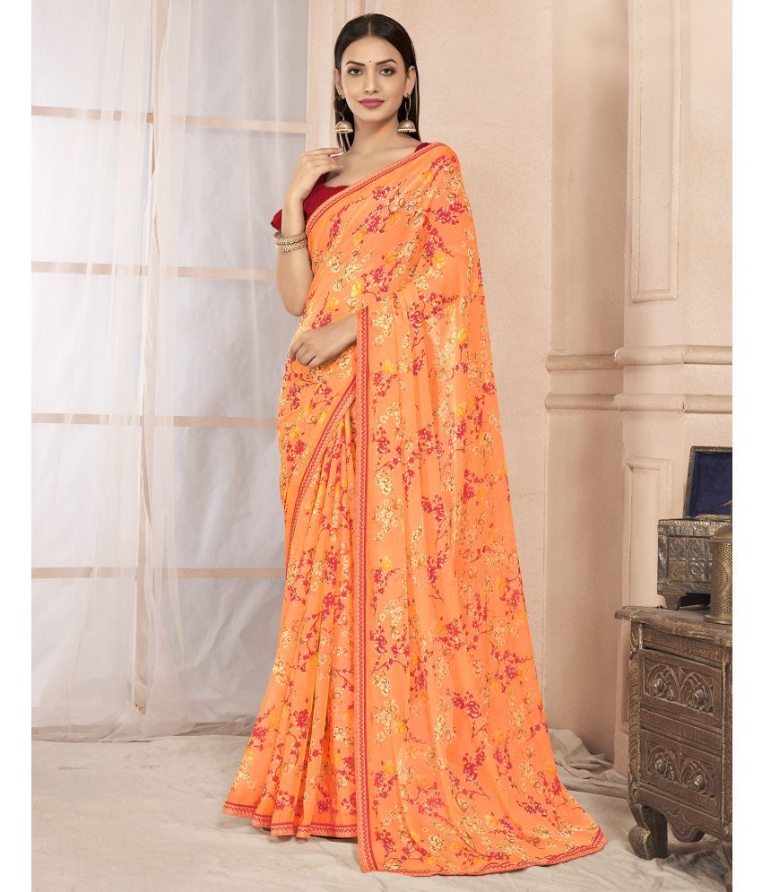     			Samah Chiffon Printed Saree With Blouse Piece - Orange ( Pack of 1 )