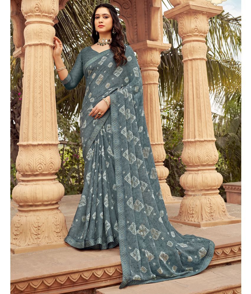     			Samah Chiffon Printed Saree With Blouse Piece - Grey ( Pack of 1 )