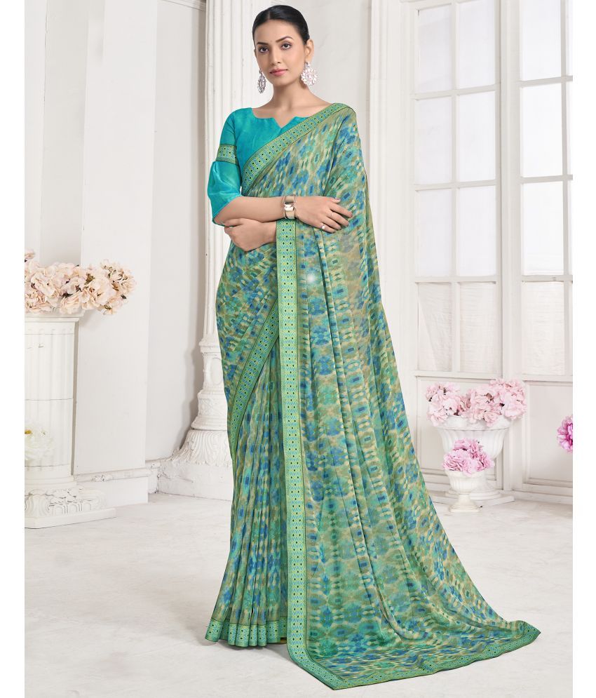     			Samah Chiffon Printed Saree With Blouse Piece - Teal ( Pack of 1 )