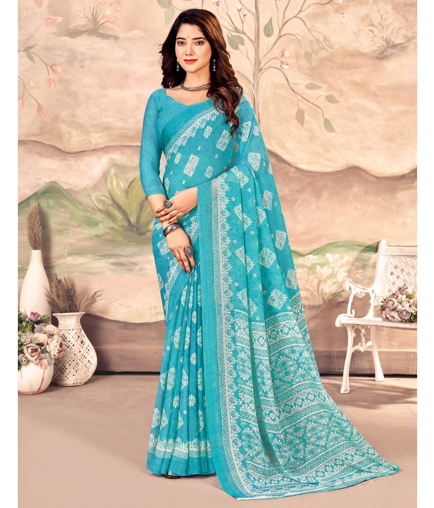     			Samah Chiffon Printed Saree With Blouse Piece - Blue ( Pack of 1 )