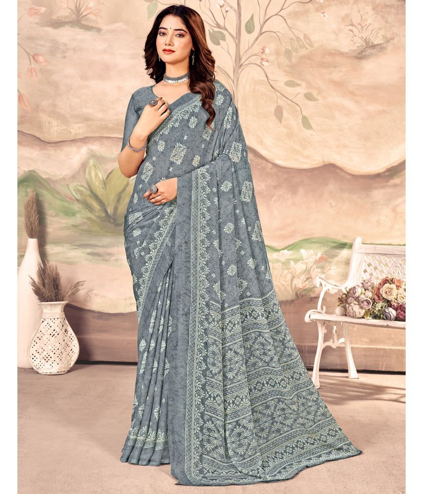     			Samah Chiffon Printed Saree With Blouse Piece - Grey ( Pack of 1 )