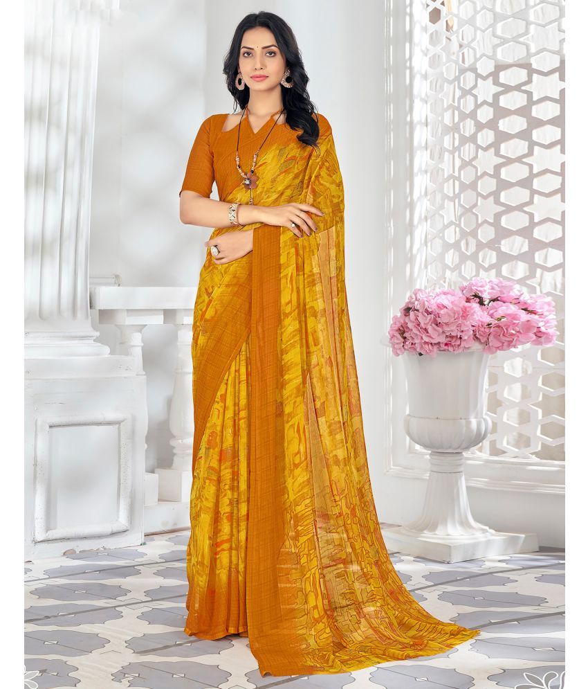     			Samah Chiffon Printed Saree With Blouse Piece - Yellow ( Pack of 1 )