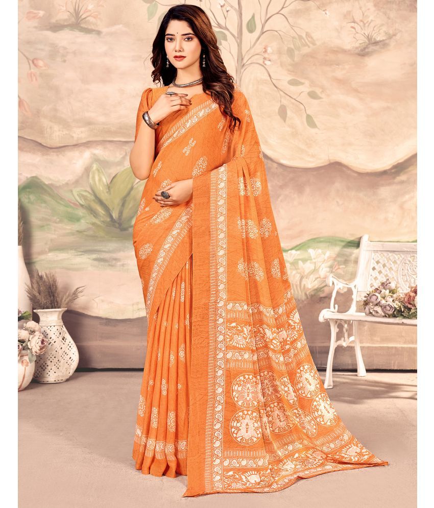     			Samah Chiffon Printed Saree With Blouse Piece - Orange ( Pack of 1 )