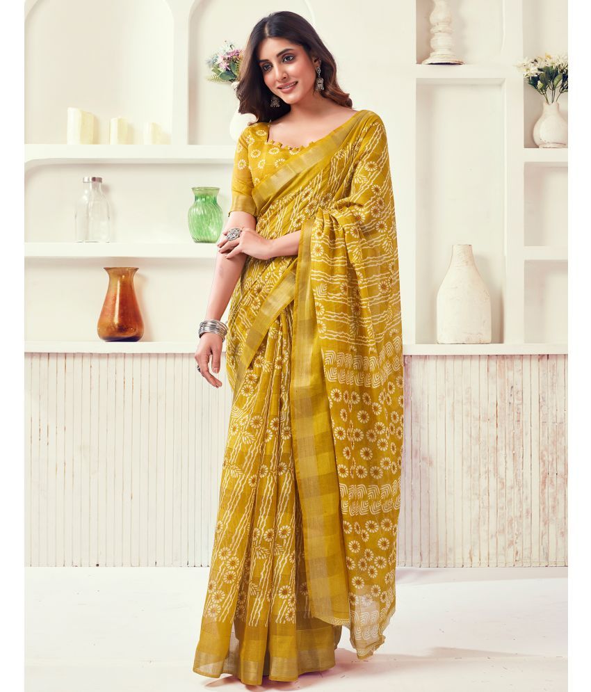     			Samah Cotton Blend Printed Saree With Blouse Piece - Yellow ( Pack of 1 )