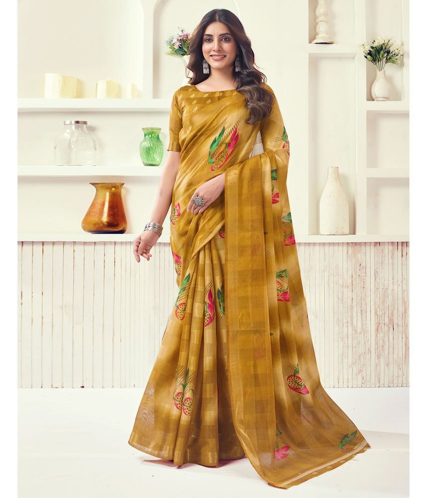     			Samah Cotton Blend Printed Saree With Blouse Piece - Mustard ( Pack of 1 )