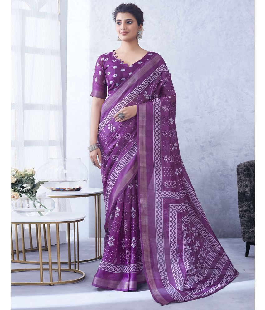     			Samah Cotton Blend Printed Saree With Blouse Piece - Purple ( Pack of 1 )