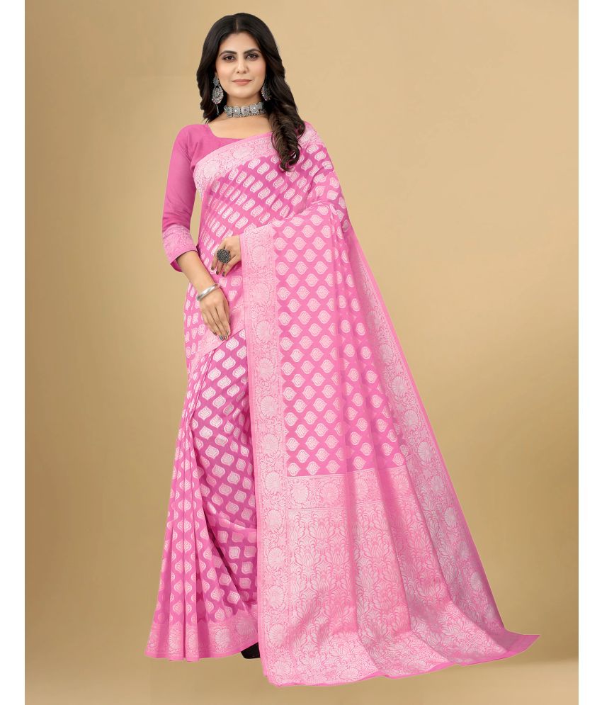     			Samah Cotton Blend Self Design Saree With Blouse Piece - Pink ( Pack of 1 )