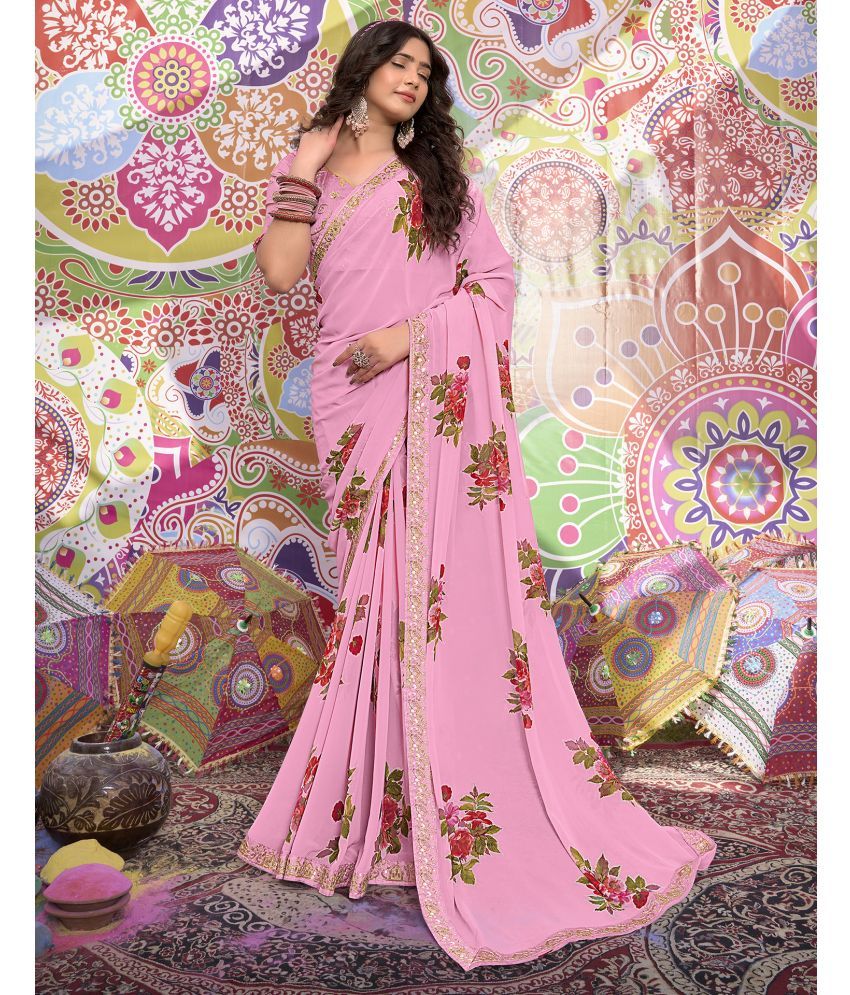     			Samah Georgette Printed Saree With Blouse Piece - Pink ( Pack of 1 )